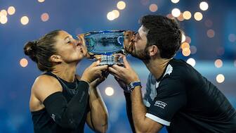Sara Errani and Andrea Vavassori celebrate after winning the revamped US Open 2025 Mixed Doubles final. Image: Reuters
