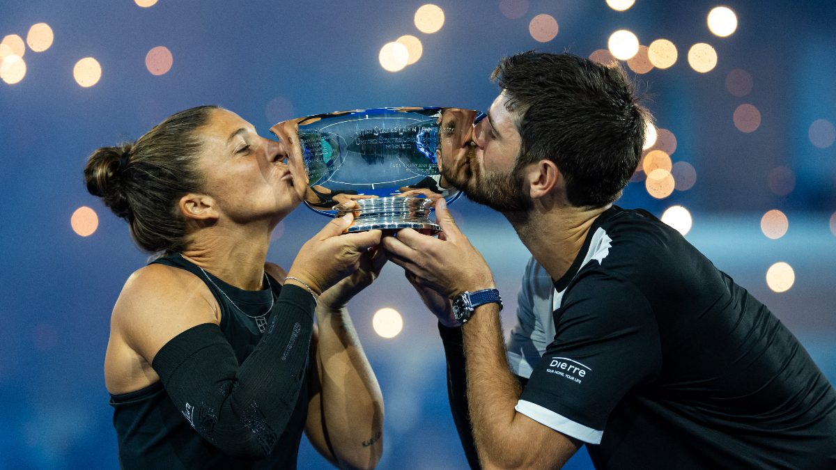 Sara Errani and Andrea Vavassori celebrate after winning the revamped US Open 2025 Mixed Doubles final. Image: Reuters
Sara Errani and Andrea Vavassori celebrate after winning the revamped US Open 2025 Mixed Doubles final. Image: Reuters