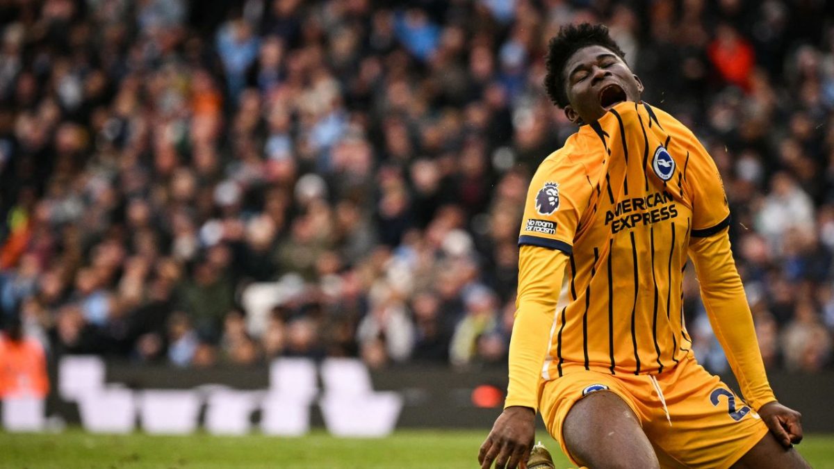 Brighton's Cameroonian midfielder Carlos Baleba reacts after a missed chance. AFP Brighton's Cameroonian midfielder Carlos Baleba reacts after a missed chance. AFP