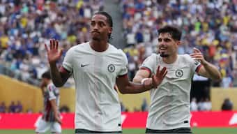 Chelsea’s Joao Pedro celebrates scoring their first goal with Pedro Neto. Reuters
