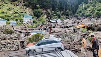 Damaged structures and uprooted trees at an area after a massive cloudburst at Chasoti village, in Jammu and Kashmir's Kishtwar district, August 14, 2025. PTI