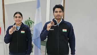 Suruchi Singh & Saurabh Chaudhary win Bronze medal in 10m Air Pistol Mixed team event at Asian Shooting Championships in Shymkent. Image: @OfficialNRAI