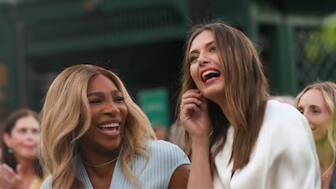 Serena Williams and Maria Sharapova share a smile during the hall of fame ceremony. Image: Reuters