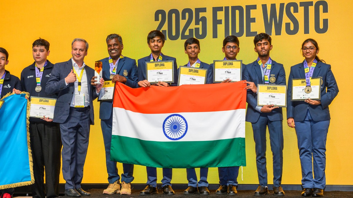 Students of the Velammal MHS School, Chennai, pose with their gold medals at the 2025 FIDE World Schools Team Championship in Alexandria, USA. Image credit: FIDE Students of the Velammal MHS School, Chennai, pose with their gold medals at the 2025 FIDE World Schools Team Championship in Alexandria, USA. Image credit: FIDE