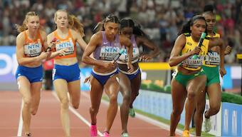 Netherlands' Femke Bol, Great Britain's Nicole Yeargin and Jamaica's Stacy-Ann Williams run the anchor leg of the women's 4x400m relay at the 2023 Athletics World Championships in Budapest, Hungary. Reuters