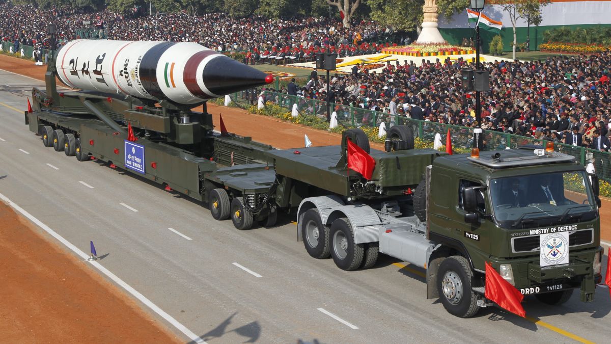 A surface-to-surface Agni-V missile displayed during the Republic Day parade. This missile has a range of 5,000 km. File image/Reuters A surface-to-surface Agni-V missile displayed during the Republic Day parade. This missile has a range of 5,000 km. File image/Reuters