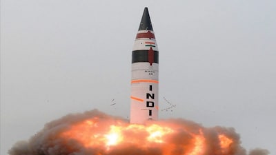 The Agni - V missile being successfully launched from the Wheeler Island in Balasore, Odisha. PTI