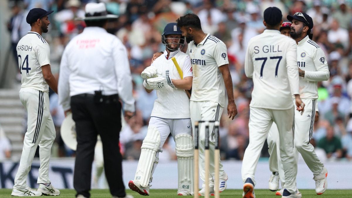 Akash Deep put his arm around Ben Duckett after taking his wicket in 5th Test. Reuters Akash Deep put his arm around Ben Duckett after taking his wicket in 5th Test. Reuters