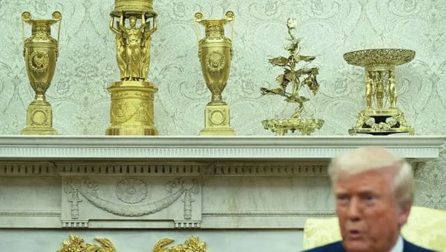 The greenery that once sat on the mantel, a potted Swedish ivy, was also removed. In its place now stand nine gold trophies, most of them made in Europe.