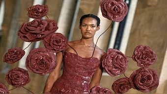 A model presents a creation for Rahul Mishra during the Women's Haute-Couture Fall/Winter 2025-26 collection show in Paris. AFP