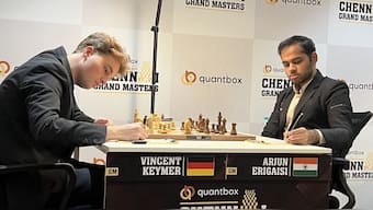 Arjun Erigaisi held Vincent Keymar to a draw in Round 6 of Chennai Grand Masters. Image: ChennaiGM/X
