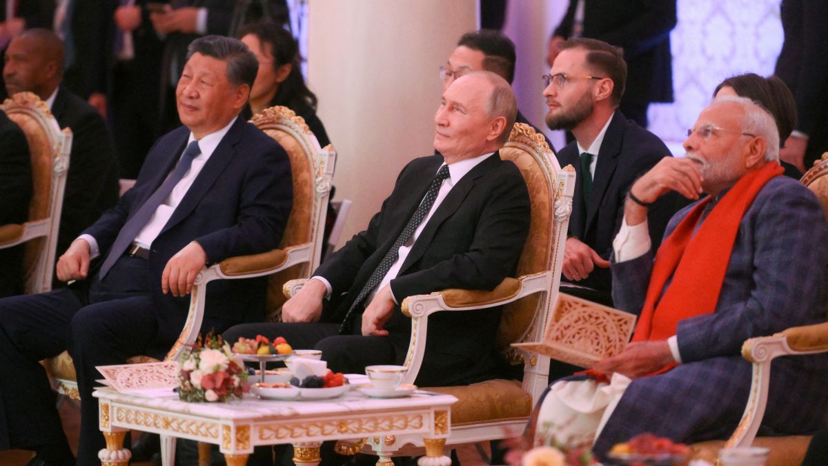 Chinese President Xi Jinping, Russian President Vladimir Putin and Prime Minister Narendra Modi attend a concert before an informal dinner on the sidelines of the Brics Summit in Kazan, Russia October 22, 2024. The 2025 SCO summit will bring together the three leaders for the first time since Donald Trump imposed hefty sanctions on India. File image/Reuters
Chinese President Xi Jinping, Russian President Vladimir Putin and Prime Minister Narendra Modi attend a concert before an informal dinner on the sidelines of the Brics Summit in Kazan, Russia October 22, 2024. The 2025 SCO summit will bring together the three leaders for the first time since Donald Trump imposed hefty sanctions on India. File image/Reuters
