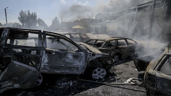 Smoke rises after a Russian drone hit the market in the town of Druzhkivka, Donetsk region, Ukraine. AP