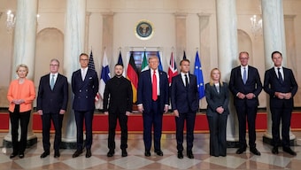 US President Donald Trump, Ukrainian President Volodymyr Zelenskyy with European leaders at the White House for negotiations to end the Russian war in Ukraine. Reuters