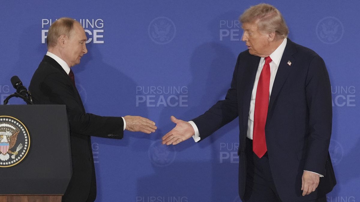 US President Donald Trump walks to shake the hand of Russian President Vladimir Putin during a joint press conference at Joint Base Elmendorf-Richardson, Alaska, on August 15, 2025. AP File US President Donald Trump walks to shake the hand of Russian President Vladimir Putin during a joint press conference at Joint Base Elmendorf-Richardson, Alaska, on August 15, 2025. AP File