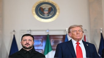 US President Donald Trump and Ukrainian President Volodymyr Zelenskyy stand for a family photo with European leaders in the Cross Hall of the White House in Washington, DC. European leaders join Ukrainian President Volodymyr Zelenskyy in talks with US President Donald Trump, as they try to find a way to end Russia's offensive.  AFP
