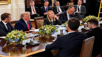 US President Donald Trump speaks during a meeting with Ukrainian President Volodymyr Zelenskyy, German Chancellor Friedrich Merz, French President Emmanuel Macron, Italian Prime Minister Giorgia Meloni, and Nato Secretary General Mark Rutte amid negotiations to end the Russian war in Ukraine, at the White House. Reuters