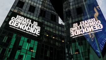 A billboard in Times Square displays the message ‘Israel is committing genocide’ as part of a campaign calling for a boycott of Israel by national soccer federations over the war in Gaza. Reuters

