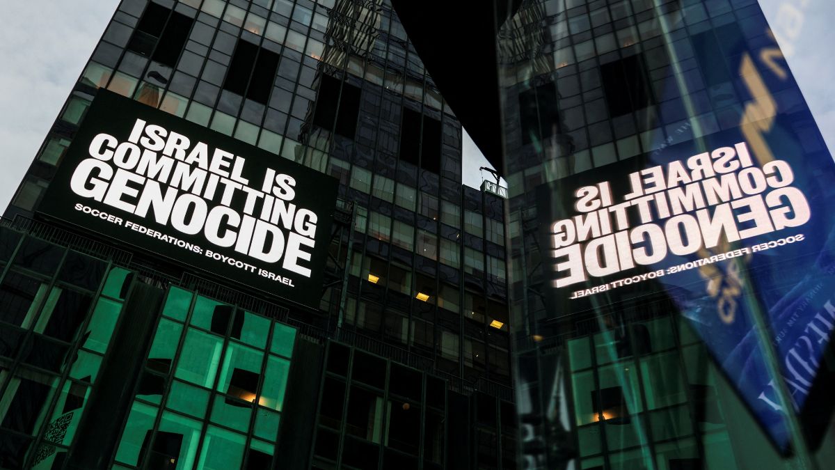 A billboard in Times Square displays the message ‘Israel is committing genocide’ as part of a campaign calling for a boycott of Israel by national soccer federations over the war in Gaza. Reuters
A billboard in Times Square displays the message ‘Israel is committing genocide’ as part of a campaign calling for a boycott of Israel by national soccer federations over the war in Gaza. Reuters