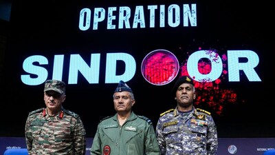 Director General of Military Operations (DGMO) Lt General Rajiv Ghai with Air Marshal AK Bharti and Vice Admiral AN Pramod during a press conference on Operation Sindoor. PTI/File Photo
