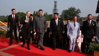 Russian President Vladimir Putin, Chinese President Xi Jinping, North Korean leader Kim Jong-Un, Pakistan's Prime Minister Shehbaz Sharif at the military parade marking the 80th anniversary of the end of World War Two, in Beijing, China today. Reuters