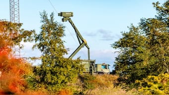 A mobile radar installation on the Øresund coast. Airspace surveillance is being strengthened ahead of two summits, Danish armed forces said. X