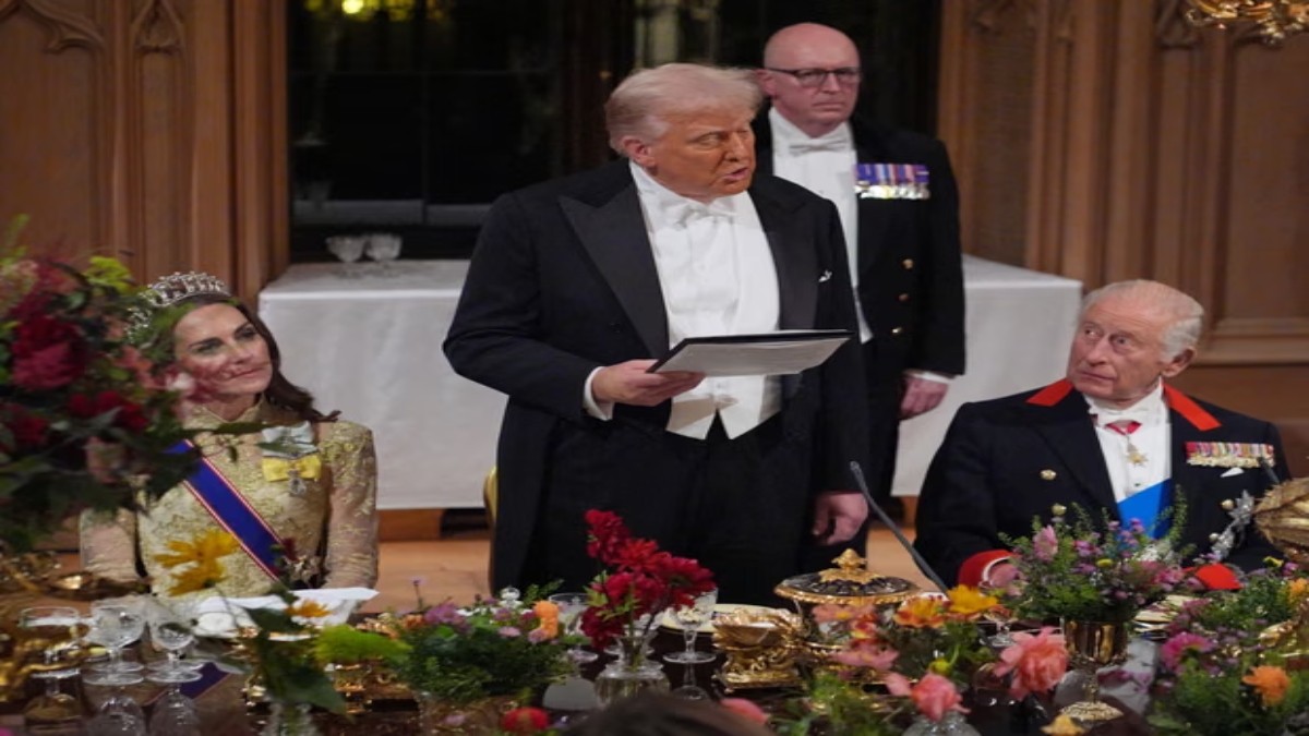 US president Donald Trump delivers a speech as King Charles and Catherine, Princess of Wales listen during a state banquet at Windsor Castle. X US president Donald Trump delivers a speech as King Charles and Catherine, Princess of Wales listen during a state banquet at Windsor Castle. X