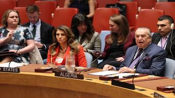 Morgan Ortagus, US deputy special envoy to the Middle East, listens as Algerian ambassador to the UN Amar Bendjama speaks after a United Nations Security Council vote on a Gaza ceasefire resolution, on September 18, 2025, in New York City. AFP