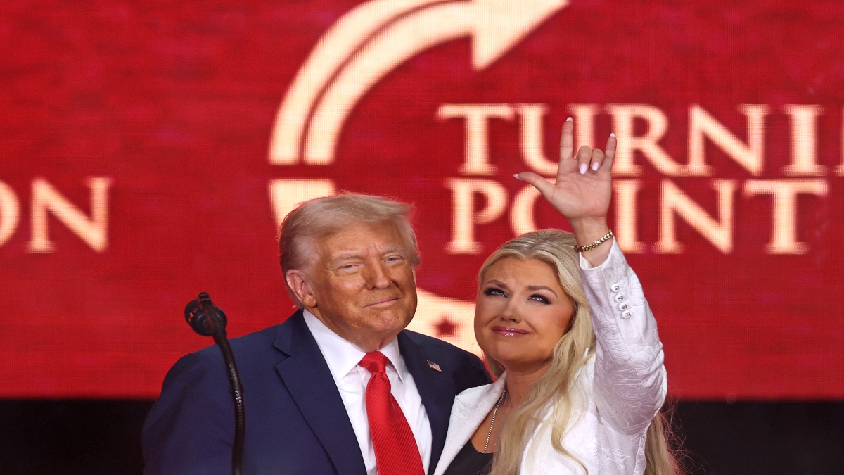 US President Donald Trump and Erika Kirk, Charlie Kirk's widow, gesture during the public memorial service for right-wing activist Charlie Kirk at State Farm Stadium in Glendale, Arizona, on September 21, 2025. AFP US President Donald Trump and Erika Kirk, Charlie Kirk's widow, gesture during the public memorial service for right-wing activist Charlie Kirk at State Farm Stadium in Glendale, Arizona, on September 21, 2025. AFP