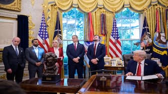 US Attorney General Pam Bondi (3rd-L), accompanied by (L-R) White House Deputy Chief of Staff Stephen Miller, FBI Director Kash Patel, Treasury Secretary Scott Bessent, Vice President JD Vance and U.S. President Donald Trump, speaks as Trump signs executive orders in the Oval Office of the White House on September 25, 2025 in Washington, DC. AFP
