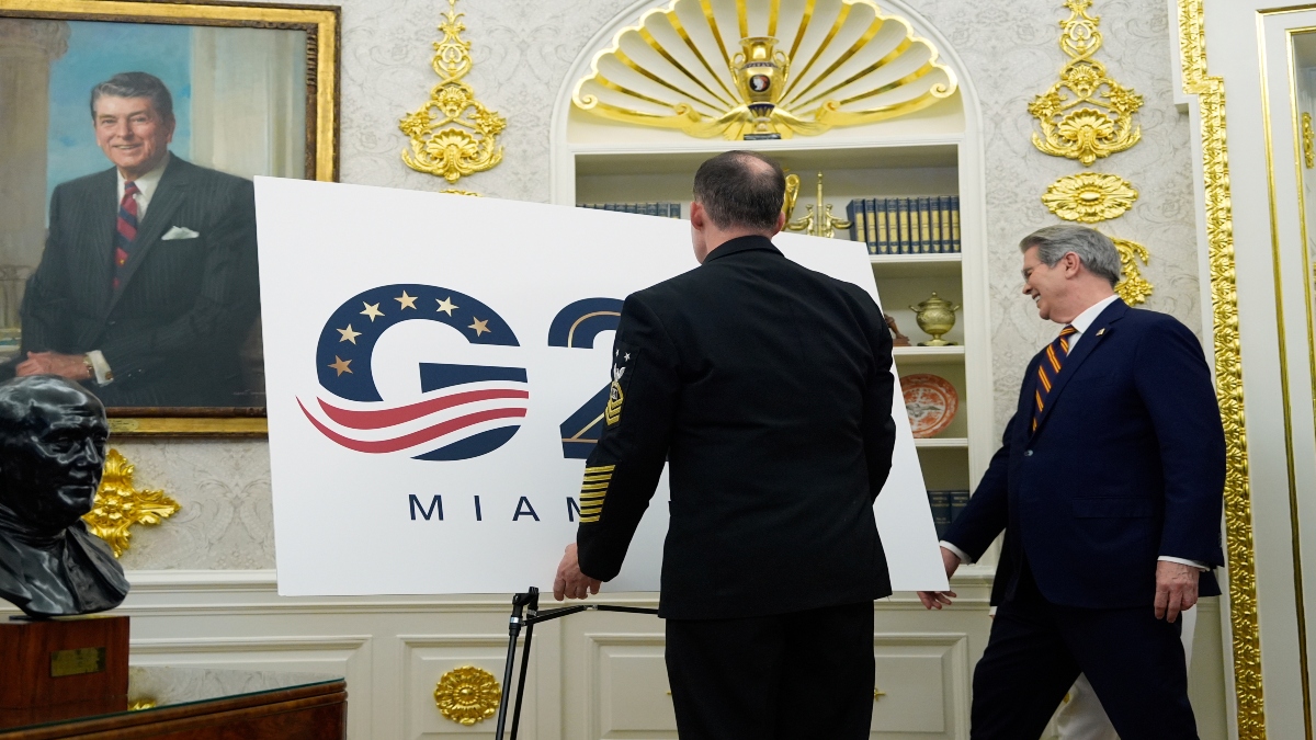 A military aide places a G20 sign in the Oval Office as Treasury Secretary Scott Bessent walks past as President Donald Trump speaks in the Oval Office of the White House, Friday, Sept. 5, 2025, in Washington. AP A military aide places a G20 sign in the Oval Office as Treasury Secretary Scott Bessent walks past as President Donald Trump speaks in the Oval Office of the White House, Friday, Sept. 5, 2025, in Washington. AP