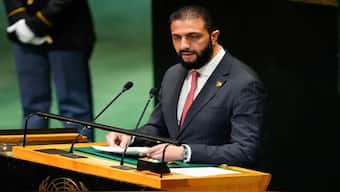 Syria President Ahmad Al-Sharaa speaks during the 80th session of the United Nations General Assembly, on Wednesday, September 24, 2025, at UN headquarters. AP