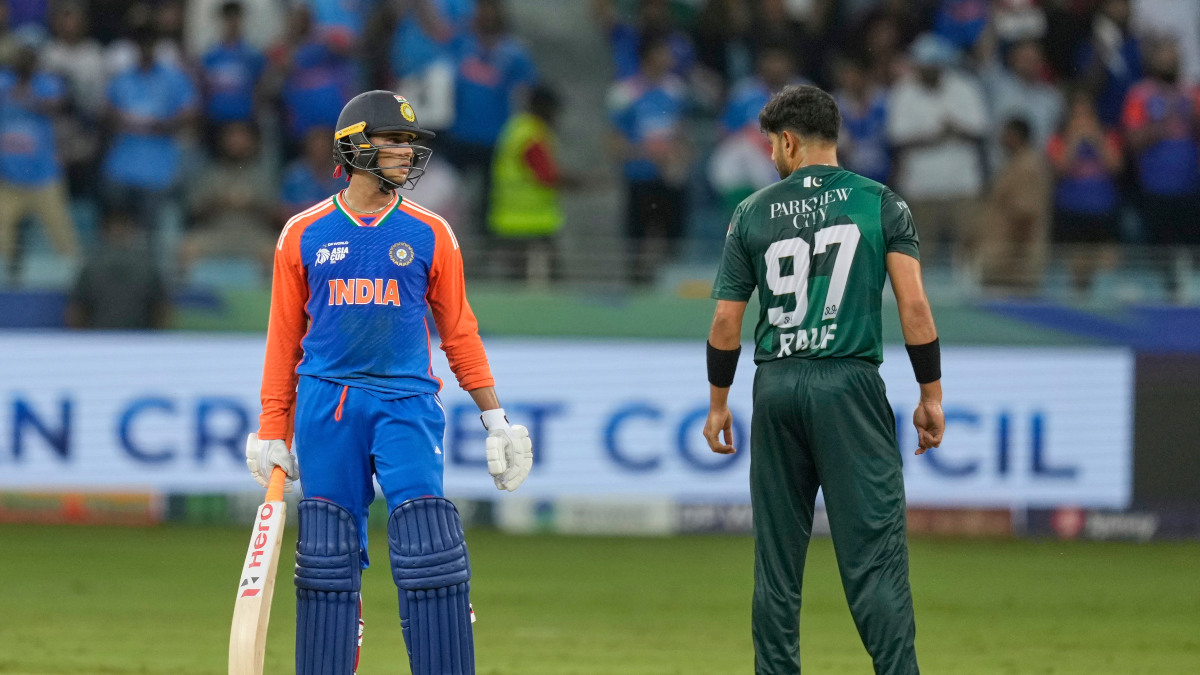 India opener Abhishek Sharma and Pakistan pacer Haris Rauf engage in a tense face-off during their Asia Cup Super 4s match in Dubai on Sunday, 21 September. AP India opener Abhishek Sharma and Pakistan pacer Haris Rauf engage in a tense face-off during their Asia Cup Super 4s match in Dubai on Sunday, 21 September. AP