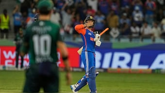 India opener Abhishek Sharma celebrates after completing his half-century in the Asia Cup Super 4s match against Pakistan. AP