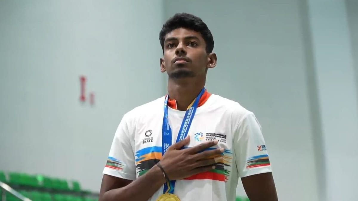 Anandkumar Velkumar is first-ever Indian to win gold medal at the Speed Skating World Championships. Image: @narendramodi/X Anandkumar Velkumar is first-ever Indian to win gold medal at the Speed Skating World Championships. Image: @narendramodi/X