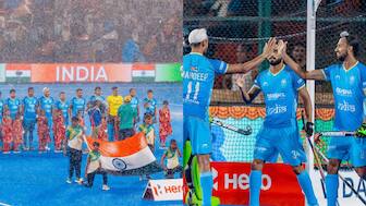 In difficult conditions, Hardik Singh scored a brilliant goal for the Indian hockey team. Images: Hockey India
