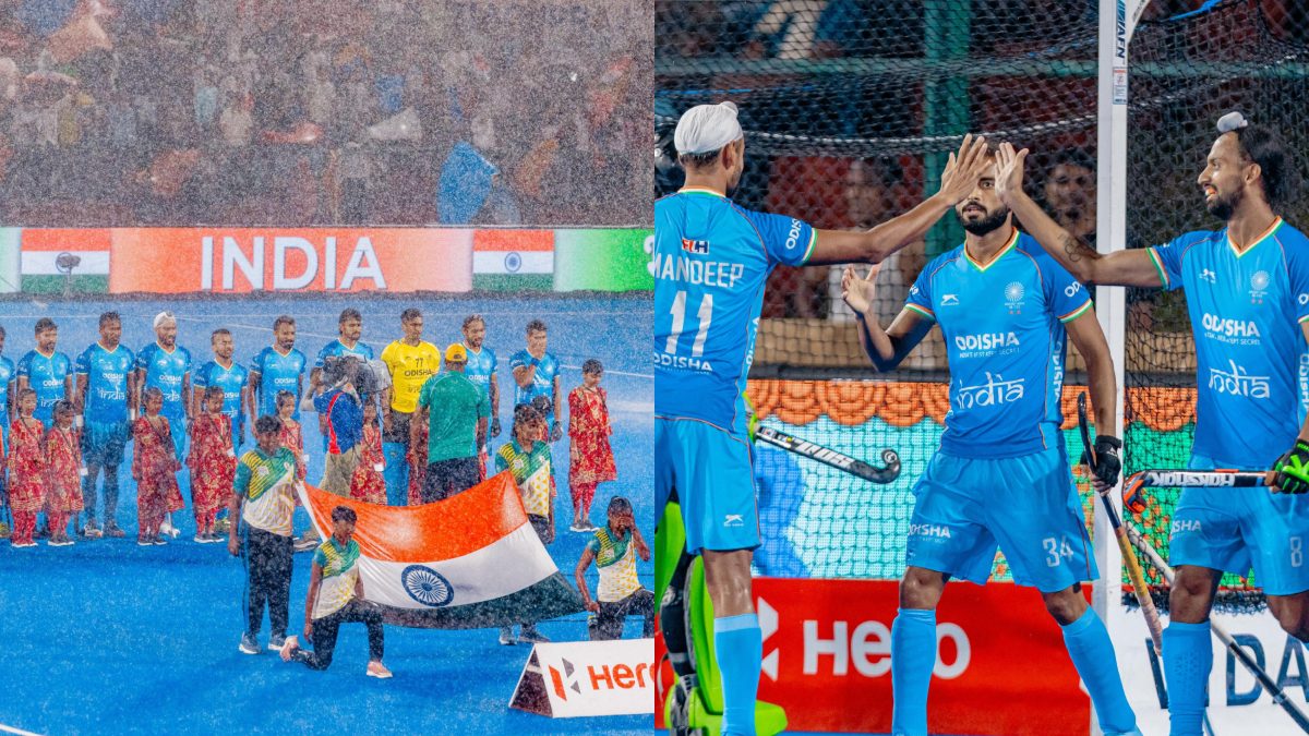 In difficult conditions, Hardik Singh scored a brilliant goal for the Indian hockey team. Images: Hockey India
In difficult conditions, Hardik Singh scored a brilliant goal for the Indian hockey team. Images: Hockey India