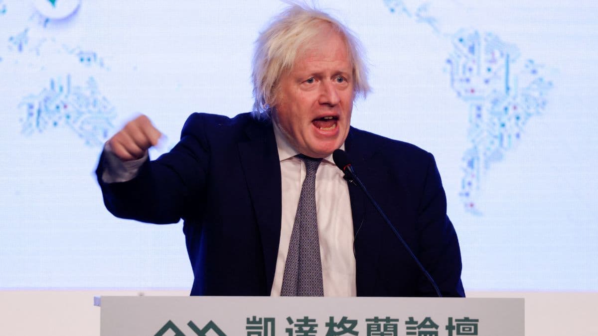 Former British Prime Minister Boris Johnson delivers a keynote speech at the annual Ketagalan forum in Taipei, Taiwan, August 5, 2025. File Image/Reuters