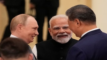 (File) Prime Minister Narendra Modi talks with Russian President Vladimir Putin and Chinese President Xi Jinping ahead of the Shanghai Cooperation Organisation (SCO) Summit 2025 at the Meijiang Convention and Exhibition Centre in Tianjin, China, September 1, 2025.  Reuters