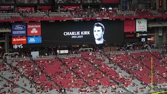 Charlie Kirk is recognised in a moment of silence prior to the game between Carolina Panthers and Arizona Cardinals at State Farm Stadium on September 14, 2025 in Glendale, Arizona, US. File Image/Imagn Images