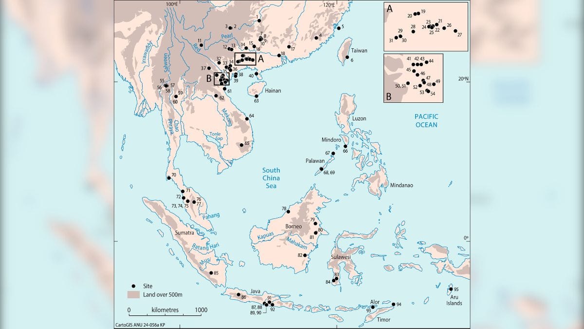 Recorded hunter-gatherer sites with flexed and squatting burials in Southeastern Asia from the Late Pleistocene to the Middle Holocene. 1. Gaomiao, 2. Niupodong, 3. Zhaoguodong, 4. Qihedong*, 5. Daowei 1, 6. Xiaoma, 7. Jiaoziyan, 8. Zengpiyan, 9. Miaoyan, 10. Dayan, 11. Xingyi, 12.Baida, 13. Gexinqiao, 14. Beidaling, 15. Liyuzui, 16. Fengyan, 17. Huangmenyan, 18. Xiankezhou, 19. Baxun, 20. Liyupo, 21. Changtang, 22. Lingwu, 23. Huiyaotian, 24. Qingshan, 25. Dingsishan, 26. Qiujiang, 27. Xijin, 28. Ganzao, 29. Hecun, 30. Jiangbian, 31. Chongtang, 32. Lang Cuom, 33. Mai Da Nguom, 34. Pho Binh Gia, 35. Hang Doi, 36. Dong Thuoc, 37. Hang To 1, 38. Hon Hai Co Tien, 39. Cai Beo, 40. Liyudun, 41. Dong Can, 42. Du Sang, 43. Lang Gao, 44. Hang Cho, 45. Hang Muoi, 46. Xom Trai, 47. Hang Mang Chieng, 48. Hang Con Moong, 49. Hang Diem, 50. Mai Da Dieu, 51. Mai Da Nuoc, 52. Hang Lang Bon, 53. Da But, 54. Con Co Ngua, 55. Banyan Valley Cave, 56. Spirit Cave, 57. Tham Lod, 58. Ban Rai, 59. Doi Pha Kan, 60. Ban Tha Si, 61. Quynh Van, 62. Pha Phen, 63. Yingdun, 64. Bau Du, 65. Krong No, 66. Bubog-1, 67. Ille Cave*, 68. Duyong Cave, 69. Sa’gung, 70. Moh Khiew, 71. Gua Kerbau, 72. Gua Kepah, 73. Gua Kajang, 74. Gua Teluk Kelawar, 75. Gua Gunung Runtuh, 76. Gua Peraling, 77. Gua Cha, 78. Niah Cave, 79. Kimanis, 80. Liang Tebo, 81. Keboboh Cave, 82. Gua Tengkorak, 83. Leang Panninge, 84. Cappalombo1, 85. Gua Harimau, 86. Gua Pawon, 87. Gua Braholo, 88. Song Tritis, 89. Song Terus, 90. Song Keplek, 91. Gua Lawa, 92. Song Gentong, 93. Tron Bon Lei, 94. Ratu Mali 2, 95. Liang Lembudu (*suspected flexed). Image/PNAS