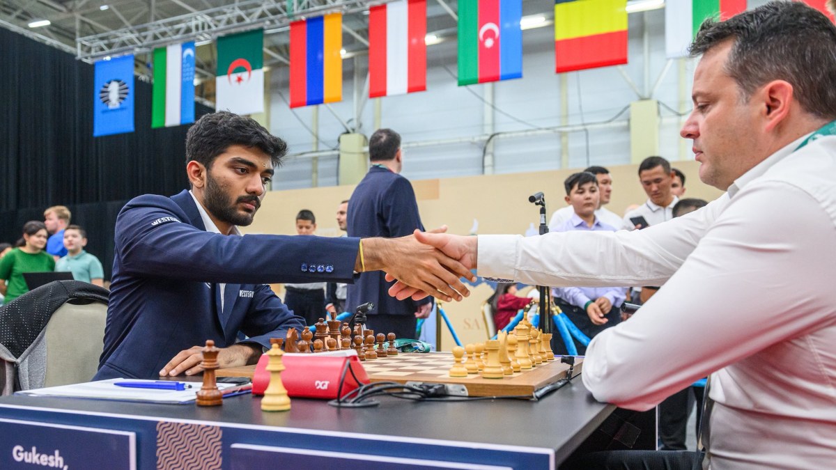 India's D Gukesh shakes French GM Etienne Bacrot. Image credit: FIDE/Michal Walusza India's D Gukesh shakes French GM Etienne Bacrot. Image credit: FIDE/Michal Walusza