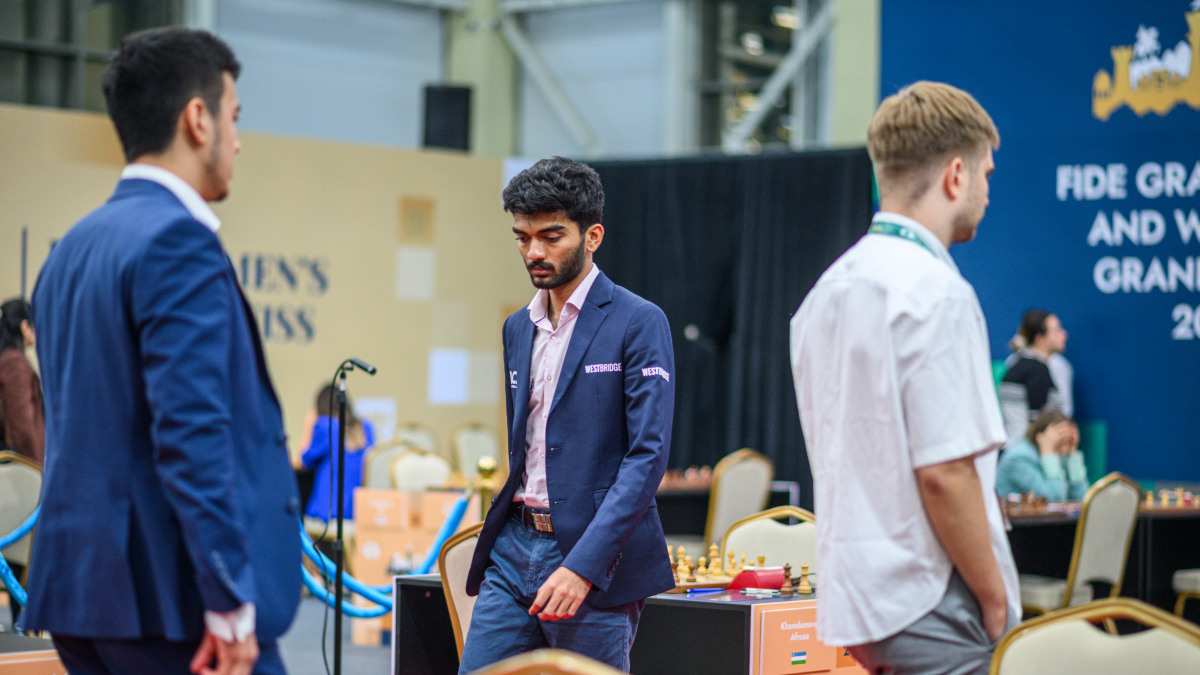 World champion D Gukesh in action during Round 5 of the FIDE Grand Swiss tournament in Samarkand, Uzbekistan. Image credit: FIDE World champion D Gukesh in action during Round 5 of the FIDE Grand Swiss tournament in Samarkand, Uzbekistan. Image credit: FIDE