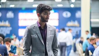 D Gukesh currently lies at the joint-sixth spot with 3 points out of a possible 7 after winning two, drawing as many and losing three games. Image credit: FIDE