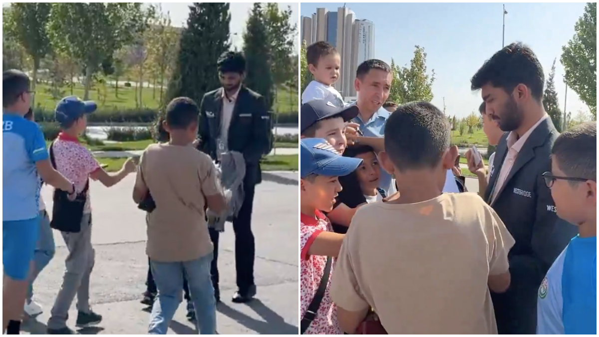 D Gukesh is surrounded by fans outside the venue where the FIDE Grand Swiss is currently taking place ahead of his fourth-round meeting with fellow Indian Grandmaster Arjun Erigaisi on Sunday. Image credit: Screengrab of video posted by Chessbase India on X D Gukesh is surrounded by fans outside the venue where the FIDE Grand Swiss is currently taking place ahead of his fourth-round meeting with fellow Indian Grandmaster Arjun Erigaisi on Sunday. Image credit: Screengrab of video posted by Chessbase India on X