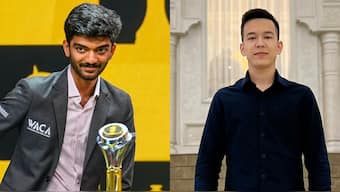 D Gukesh gives it back to Uzbek Grandmaster Nodirbek Abdusattorov after a prediction was made against him. Images: PTI/Nodirbek Abdusattorov/X
