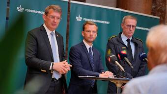 Denmark's Defence Minister, Troels Lund Poulsen and the Minister of Justice, Peter Hummelgaard, attend a press conference at the Ministry of Defence in Copenhagen, Denmark, September 25, 2025. File Image/Reuters
