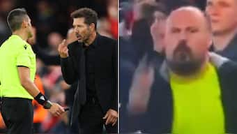 Diego Simeone reacts with referee Maurizio Mariani after the match. Image: Reuters/Reddit