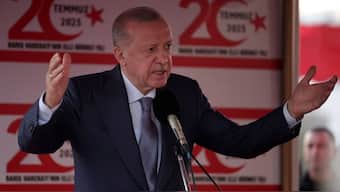 Turkish President Tayyip Erdogan speaks at a military parade to mark the 1974 Turkish invasion of Cyprus in response to a short-lived Greek-inspired coup, in the Turkish-controlled northern Cyprus, in the divided city of Nicosia, Cyprus, July 20, 2025. File Image/Reuters