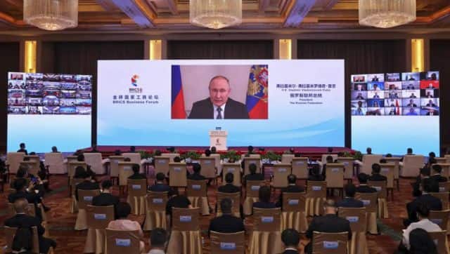 Russian President Vladimir Putin delivers a keynote speech in virtual format at the opening ceremony of the Brics Business Forum in Beijing. File image/AP
